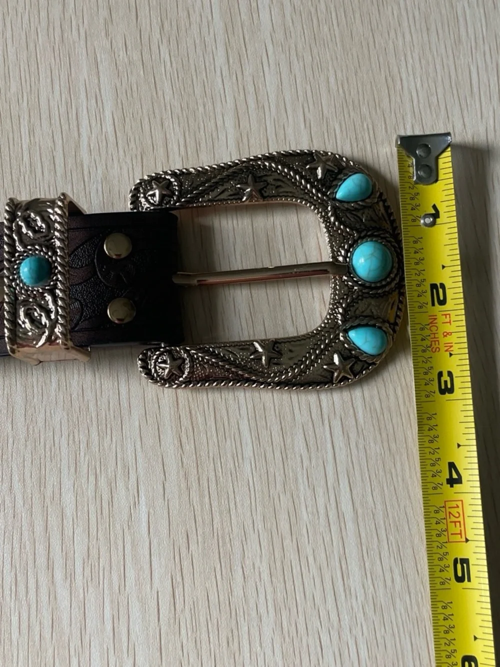 Vintage Brown Tooled Leather Belt with Turquoise Accents